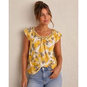 Banana Republic Petite Floral Blouse Yellow Grey Braided Neck Y2K Top PS